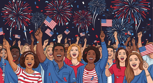 Joyful diverse crowd celebrates with American flags and dazzling fireworks, embodying national pride and festive spirit under a confetti-filled night sky