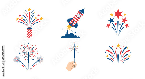 Colorful Fireworks and Rocket Set Celebrating Independence Day and Festive Holidays