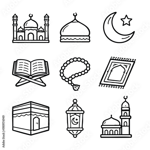 Islamic religious icons set hand drawn doodle vector