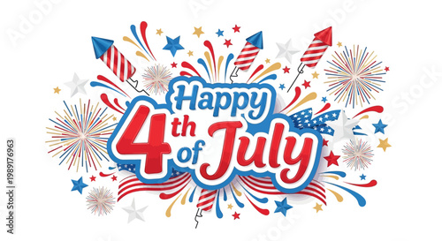 Dynamic design celebrating national pride with vibrant fireworks bursts, festive stars, and patriotic elements for summer holidays and special occasions