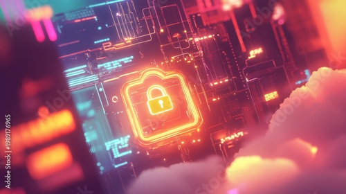Abstract Neon Cybersecurity Network Orange And Blue Digital Lock On Circuit Board