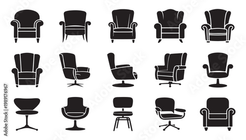 Diverse collection of classic and modern armchairs and office chairs in black and white