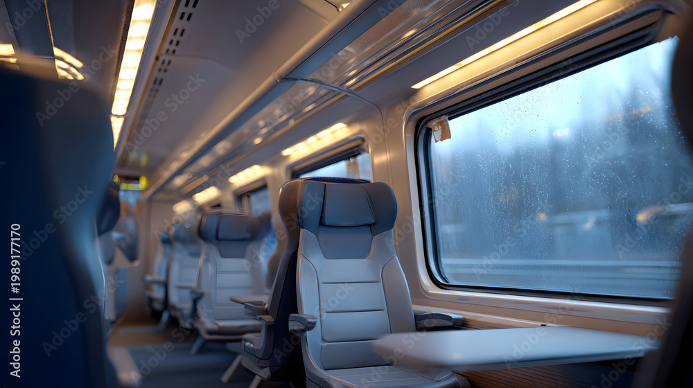 Fototapeta premium Modern High-Speed Train Cabin Interior During Winter with Raindrops on Window