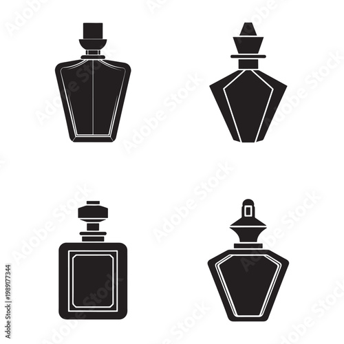 Four different perfume bottle designs on white background  fragrance containers for cosmetics and perfumery use