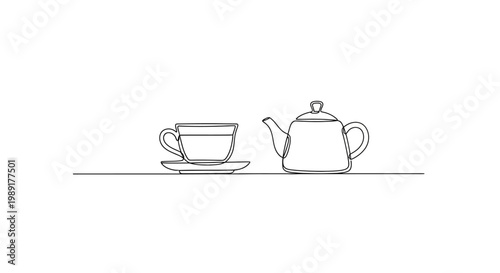Minimalist Line Art Teacup and Teapot on White Background