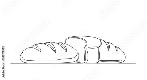 Artistic line drawing of fresh bread loaves on a white background