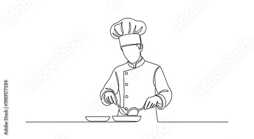 Chef cooking food in pan, one line drawing, minimalist kitchen illustration