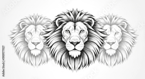 Three Majestic Lion Heads Drawn in Detailed Sketch Style.