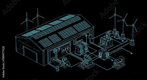 Dual Roof Warehouse Energy System with Turbine Blueprint Vector – AutoCAD Industrial Power Diagram Cyan Outline on Black Background