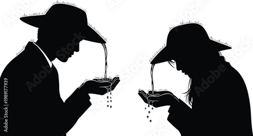 rainy day silhouettes, people walking with umbrella, business commuters in rain, urban lifestyle, black figures, weather concept, walking characters illustration