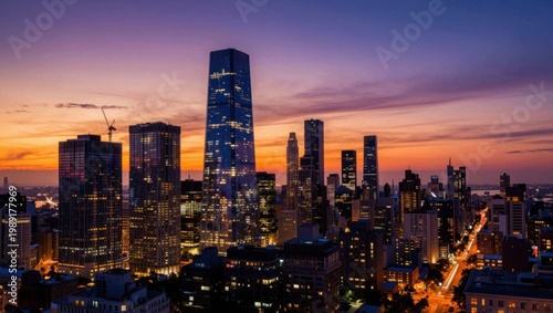 City skyline illuminated at sunset with glowing streets