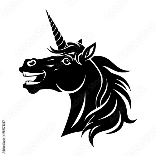 A playful black and white silhouette of a smiling unicorn with a spiraled horn
