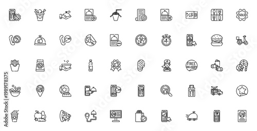 Food delivery icon set. Vector illustration pack includes discount, fried chicken, order food, motorcycle, pizza, delivery, smartphone, menu and more. Editable thin line icons.