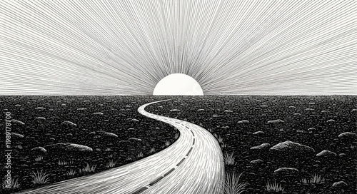 Surreal Landscape with Winding Road and Sunburst.