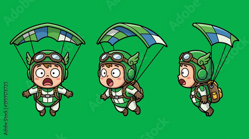 Cartoon Skydivers in Flight with Parachutes and Goggles on Green Background.