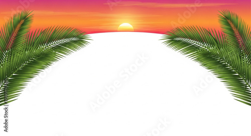 Tropical Sunset Over Ocean With Palm Leaves.