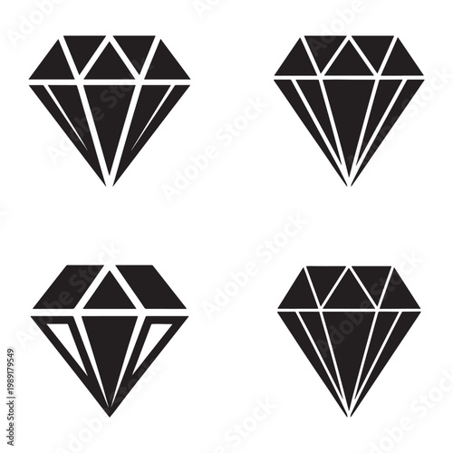 Set of four black diamond icons in different orientations on white background  gems and jewels