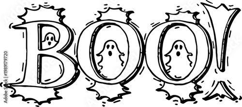 SVG gothic masks and typography lettering tattoo design vector. Playful Ghosts with 'Boo!' Text for Halloween Celebration Design