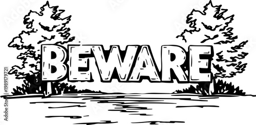 SVG gothic masks and typography lettering tattoo design vector. Caution Sign with Bold Text Surrounded by Trees and Nature Elements