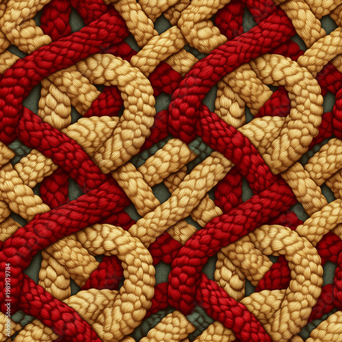Intricately woven red and beige ropes forming a complex Celtic knot pattern with detailed textures.