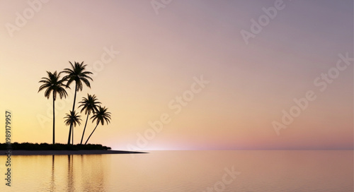 Tropical island with palm trees at sunset over calm ocean water.