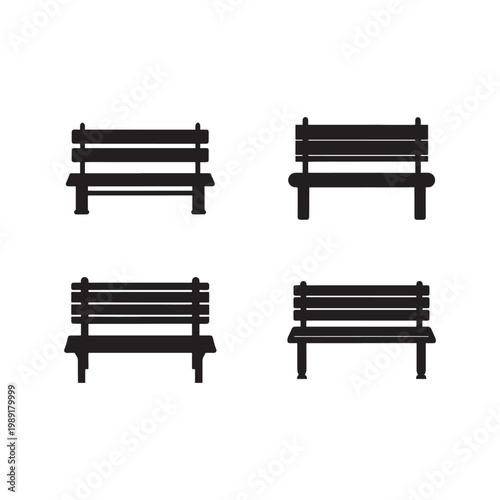 Set of four different black silhouettes of park benches with backrests in various orientations and designs  simple furniture icons