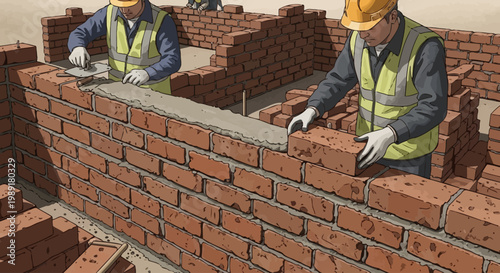 construction workers building brick wall on site