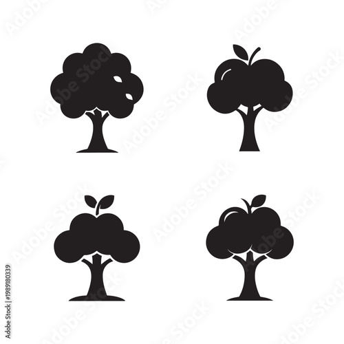 Set of tree silhouettes with different leaves and fruits on white background  tree silhouettes with various leaf and fruit shapes  black tree icons