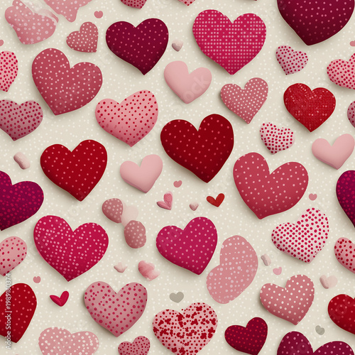 Pattern of assorted red and pink hearts with polka dots on a light beige background.