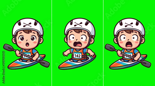 Cartoon Kayakers Paddling Kayaks with Paddles and Helmets on Green Background.