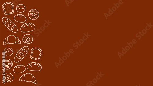 Horizontal bakery background template with white outline pastry icons, brown copy space for coffee shop menu