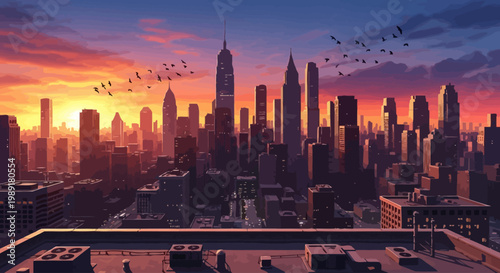 city skyline at sunset with skyscrapers and birds flying