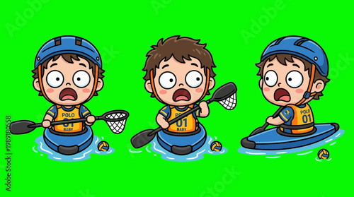 Cartoon Kayakers Paddling on Water with Paddles and Life Jackets.
