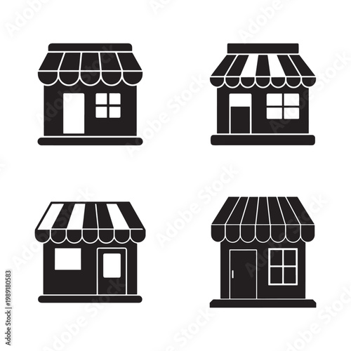 Simple black and white shop building icons with awning and different door and window arrangements