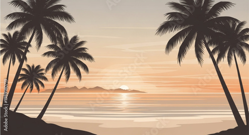 Tropical beach sunset with palm trees and ocean waves.
