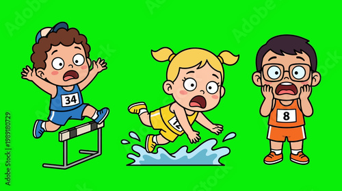 Cartoon Kids Hurdles Race - Funny Moments of Athletic Competition.