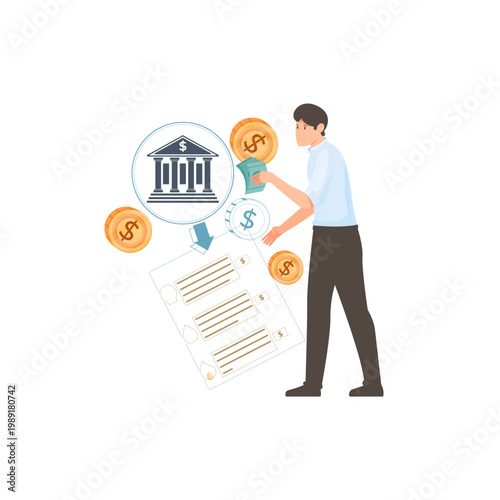 Businessman managing finances with bank icon, gold coins, cash, and document, representing strategic investment, savings planning, and professional office accounting.