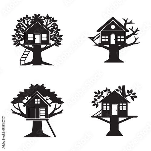 Treehouse tree house treehouse tree house treehouses treehouses treehouses treehouses on tree branches with leaves and windows  four black tree house silhouettes