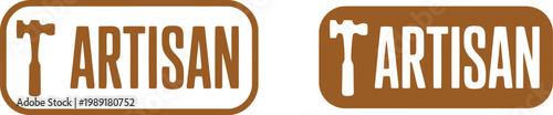 Artisan logo design with hammer icon in brown vintage style for handmade crafts and woodworking branding