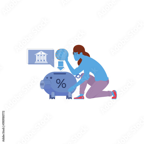 Stylized woman saving money in a piggy bank with percentage symbol, representing banking interest, investment, and future financial planning concept.