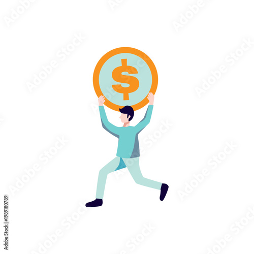 Man running with giant dollar coin above head, representing fast financial growth, wealth, investment, and business success isolated vector illustration.