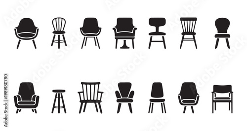 Variety of chair and stool icons, modern and classic styles, silhouettes, vector set.
