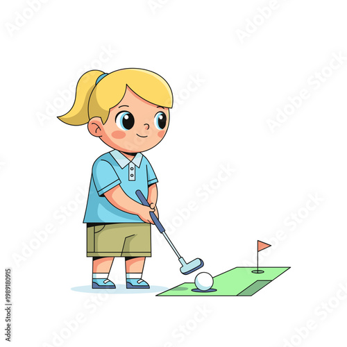Young girl playing mini golf with a putter on green background. Kids mini golf swing   