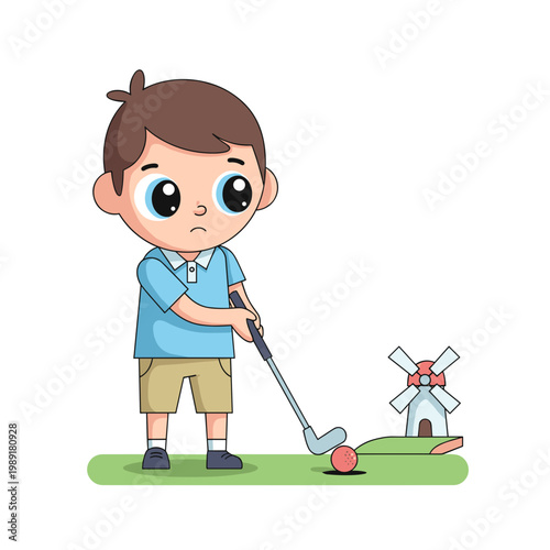 Young boy playing mini golf and preparing to swing at ball. Kids mini golf swing