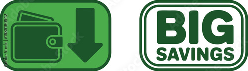 Green wallet icon with downward arrow and bold big savings text for discount promotions