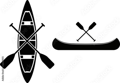 Versatile silhouette illustration featuring two classic canoes with crossed paddles, symbolizing outdoor adventure, tranquil water recreation, and leisurely paddling activities