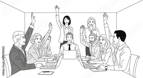Business meeting with hands raised for voting or participation