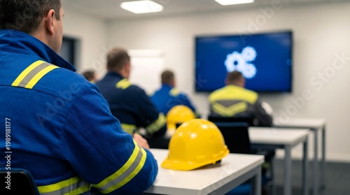 Professional worker in a blue reflective uniform attends a vital industrial training session, with a bright yellow hard hat resting on a desk.