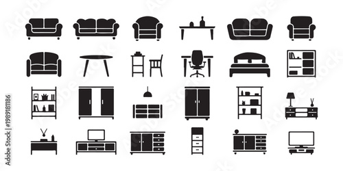 Collection of modern furniture silhouettes including sofas tables chairs wardrobes beds.