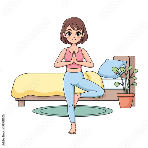 Teen  practicing yoga in bedroom with plant and soft colors  